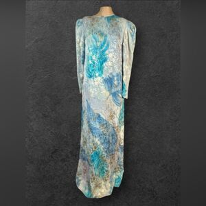 Vintage Blue & Silver Brocade Gown – Elegant Long Sleeve Maxi Dress